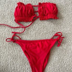 2 piece red bikini set tube top and cheeky bottom